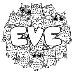 Coloriage prénom EVE - décor Chouettes