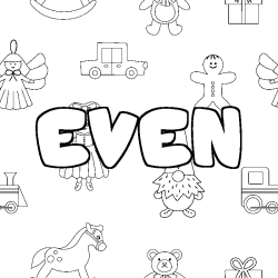 Coloriage pr&eacute;nom EVEN - d&eacute;cor Jouets