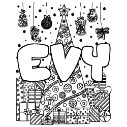 Coloriage prénom EVY - décor Sapin et Cadeaux