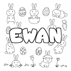 Coloriage prénom EWAN - décor Paques