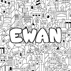 Coloriage prénom EWAN - décor Ville