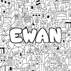 Coloriage pr&eacute;nom EWAN - d&eacute;cor Ville