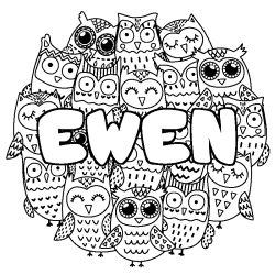 Coloriage prénom EWEN - décor Chouettes