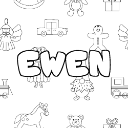 Coloriage prénom EWEN - décor Jouets