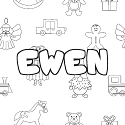 Coloriage pr&eacute;nom EWEN - d&eacute;cor Jouets