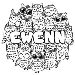 Coloriage pr&eacute;nom EWENN - d&eacute;cor Chouettes