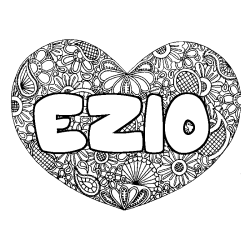 Coloriage pr&eacute;nom EZIO - d&eacute;cor Mandala coeur