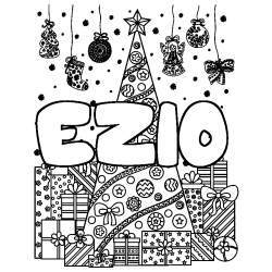 Coloriage pr&eacute;nom EZIO - d&eacute;cor Sapin et Cadeaux