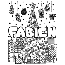 Coloriage pr&eacute;nom FABIEN - d&eacute;cor Sapin et Cadeaux