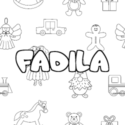 Coloriage prénom FADILA - décor Jouets