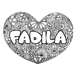 Coloriage pr&eacute;nom FADILA - d&eacute;cor Mandala coeur