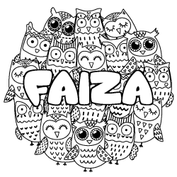 Coloriage prénom FAIZA - décor Chouettes