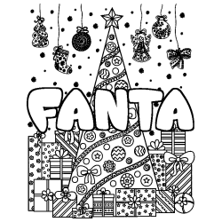Coloriage pr&eacute;nom FANTA - d&eacute;cor Sapin et Cadeaux