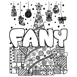 Coloriage prénom FANY - décor Sapin et Cadeaux