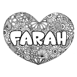 Coloriage prénom FARAH - décor Mandala coeur