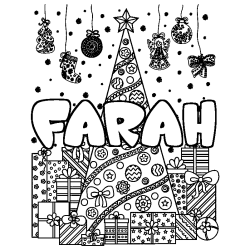 Coloriage prénom FARAH - décor Sapin et Cadeaux