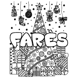 Coloriage pr&eacute;nom FAR&Egrave;S - d&eacute;cor Sapin et Cadeaux