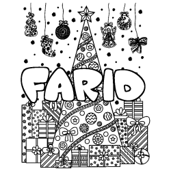 Coloriage prénom FARID - décor Sapin et Cadeaux