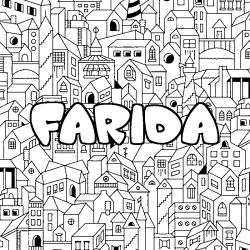 Coloriage pr&eacute;nom FARIDA - d&eacute;cor Ville