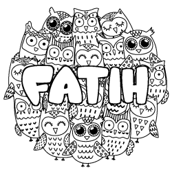Coloriage pr&eacute;nom FATIH - d&eacute;cor Chouettes