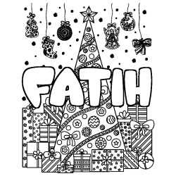 Coloriage pr&eacute;nom FATIH - d&eacute;cor Sapin et Cadeaux
