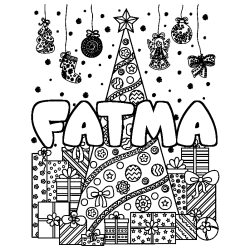 Coloriage prénom FATMA - décor Sapin et Cadeaux