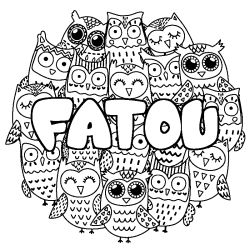 Coloriage pr&eacute;nom FATOU - d&eacute;cor Chouettes