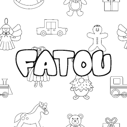 Coloriage pr&eacute;nom FATOU - d&eacute;cor Jouets