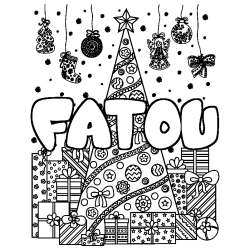 Coloriage prénom FATOU - décor Sapin et Cadeaux