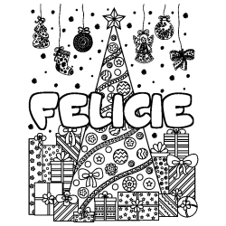 Coloriage pr&eacute;nom FELICIE - d&eacute;cor Sapin et Cadeaux