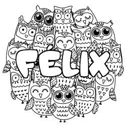 Coloriage pr&eacute;nom F&Eacute;LIX - d&eacute;cor Chouettes