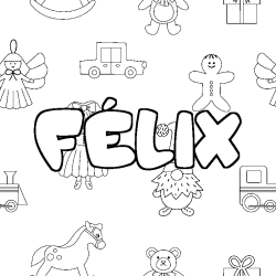 Coloriage pr&eacute;nom F&Eacute;LIX - d&eacute;cor Jouets