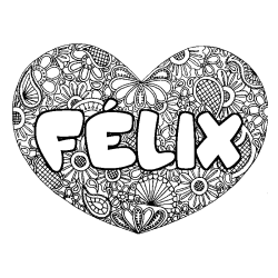 Coloriage pr&eacute;nom F&Eacute;LIX - d&eacute;cor Mandala coeur