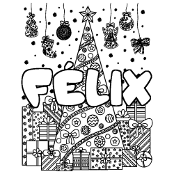 Coloriage pr&eacute;nom F&Eacute;LIX - d&eacute;cor Sapin et Cadeaux