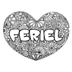 Coloriage prénom FERIEL - décor Mandala coeur