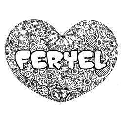 Coloriage prénom FERYEL - décor Mandala coeur