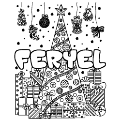 Coloriage prénom FERYEL - décor Sapin et Cadeaux