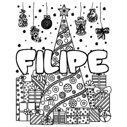 Coloriage prénom FILIPE - décor Sapin et Cadeaux