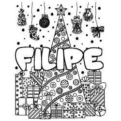 Coloriage pr&eacute;nom FILIPE - d&eacute;cor Sapin et Cadeaux