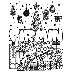 Coloriage prénom FIRMIN - décor Sapin et Cadeaux