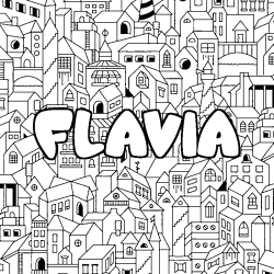 Coloriage pr&eacute;nom FLAVIA - d&eacute;cor Ville