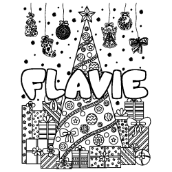 Coloriage prénom FLAVIE - décor Sapin et Cadeaux