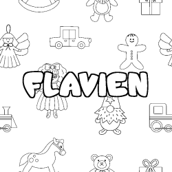 Coloriage pr&eacute;nom FLAVIEN - d&eacute;cor Jouets