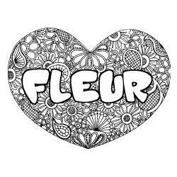 Coloriage prénom FLEUR - décor Mandala coeur