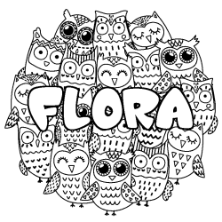 Coloriage prénom FLORA - décor Chouettes