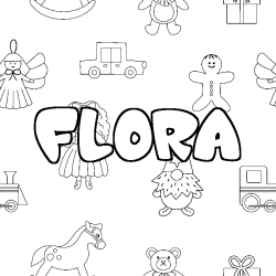 Coloriage prénom FLORA - décor Jouets