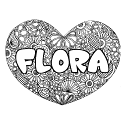 Coloriage prénom FLORA - décor Mandala coeur