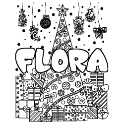 Coloriage prénom FLORA - décor Sapin et Cadeaux