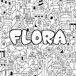 Coloriage prénom FLORA - décor Ville