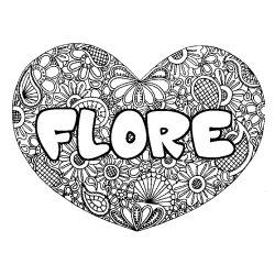 Coloriage pr&eacute;nom FLORE - d&eacute;cor Mandala coeur